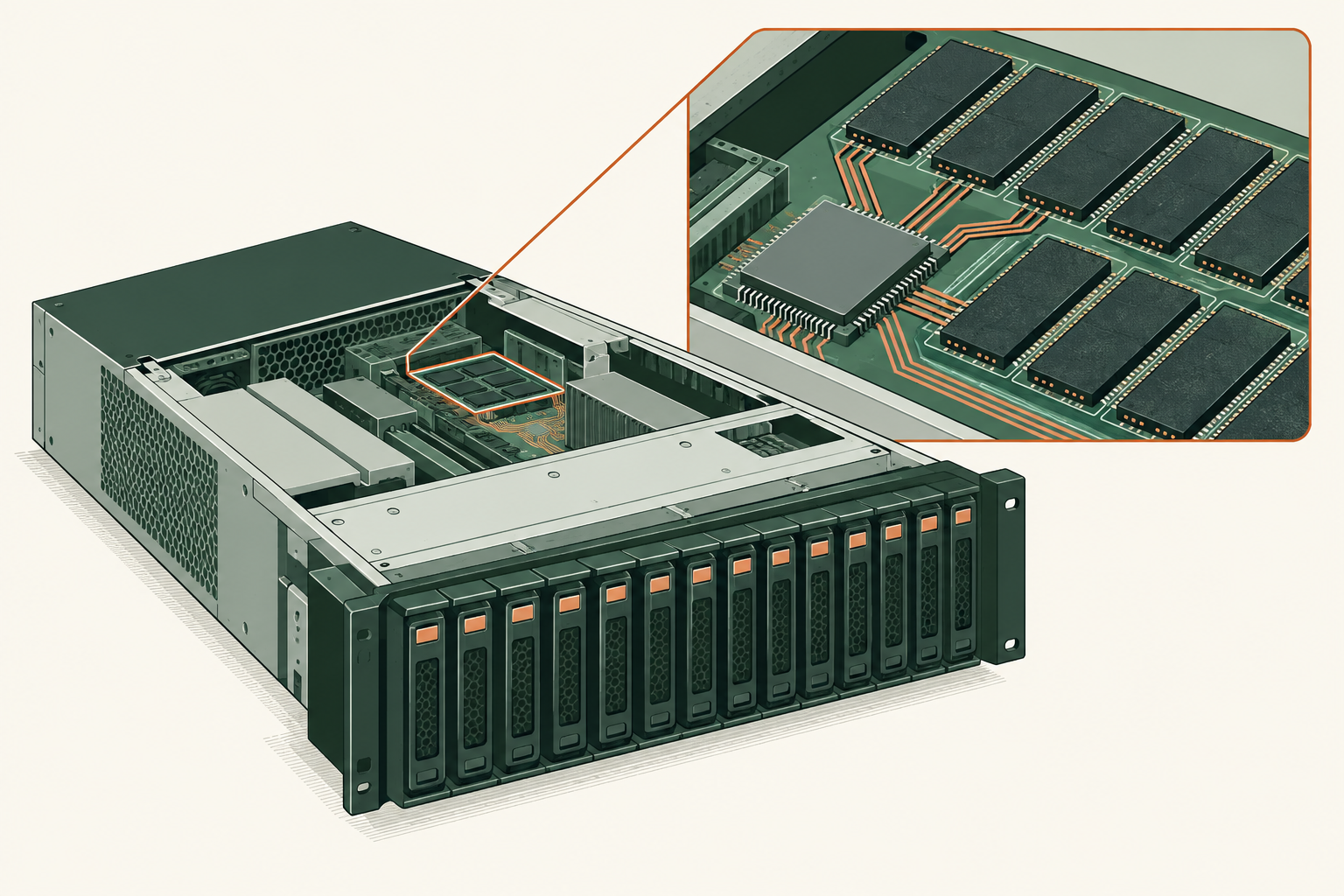 Stylized cutaway of an enterprise storage system with an enlarged view of memory and controller circuitry